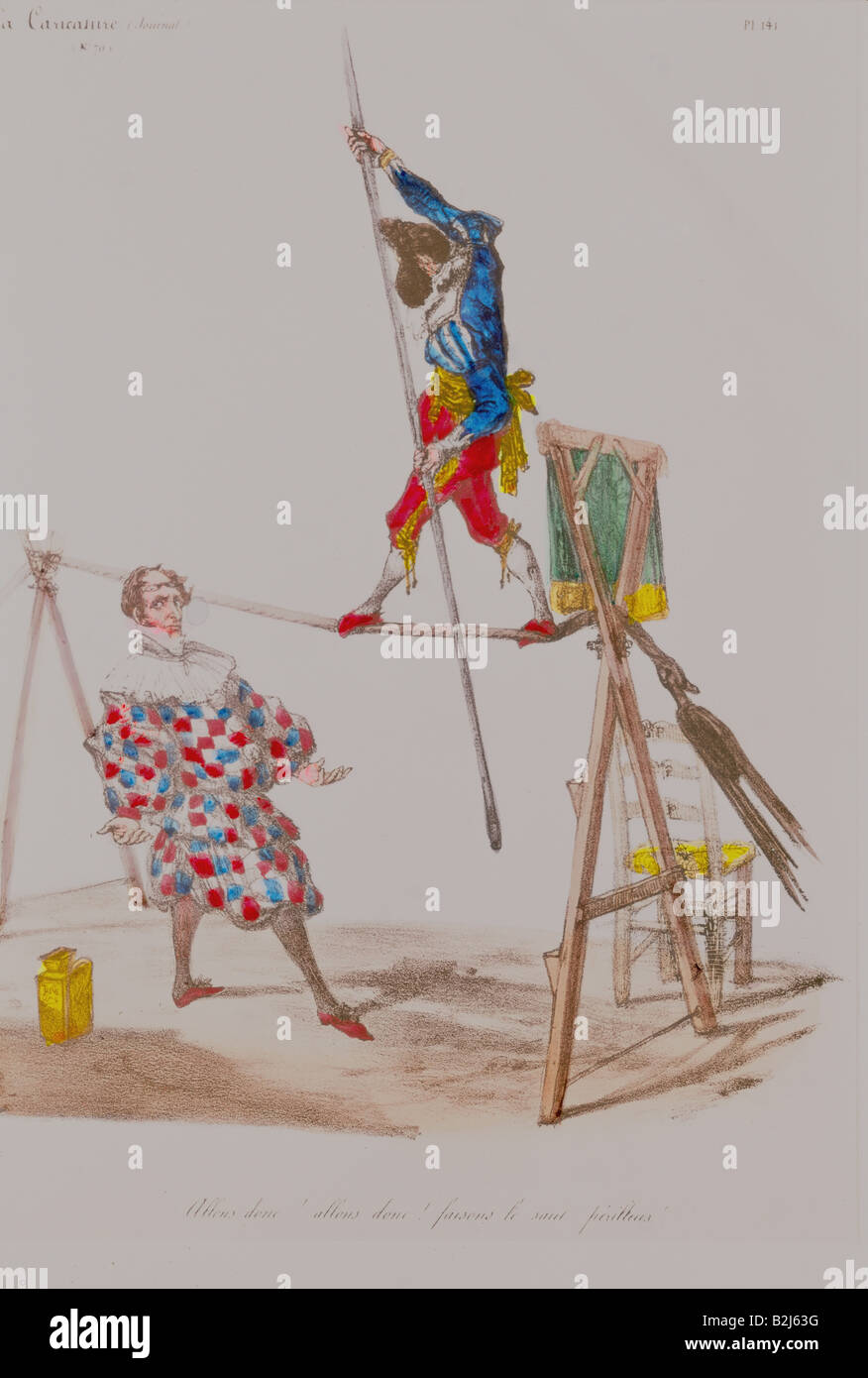 Louis Philippe, 6.10.1773 - 26. 8.1850, King of France 7.8.1830 - 24.2.1848, caricature, with foreign minister Francois Guizot as tightrope walker, 'Allons donc faisons le saut perillaux', lithograph, France, circa 1840, private collection, , Stock Photo