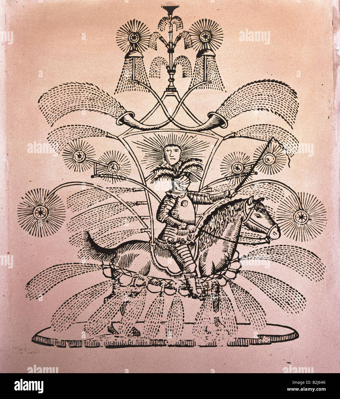 circus, acrobatics, circus riding, announcement, knight in fire rain, woodcut, Augsburg, circa 1810, private collection,  , Stock Photo