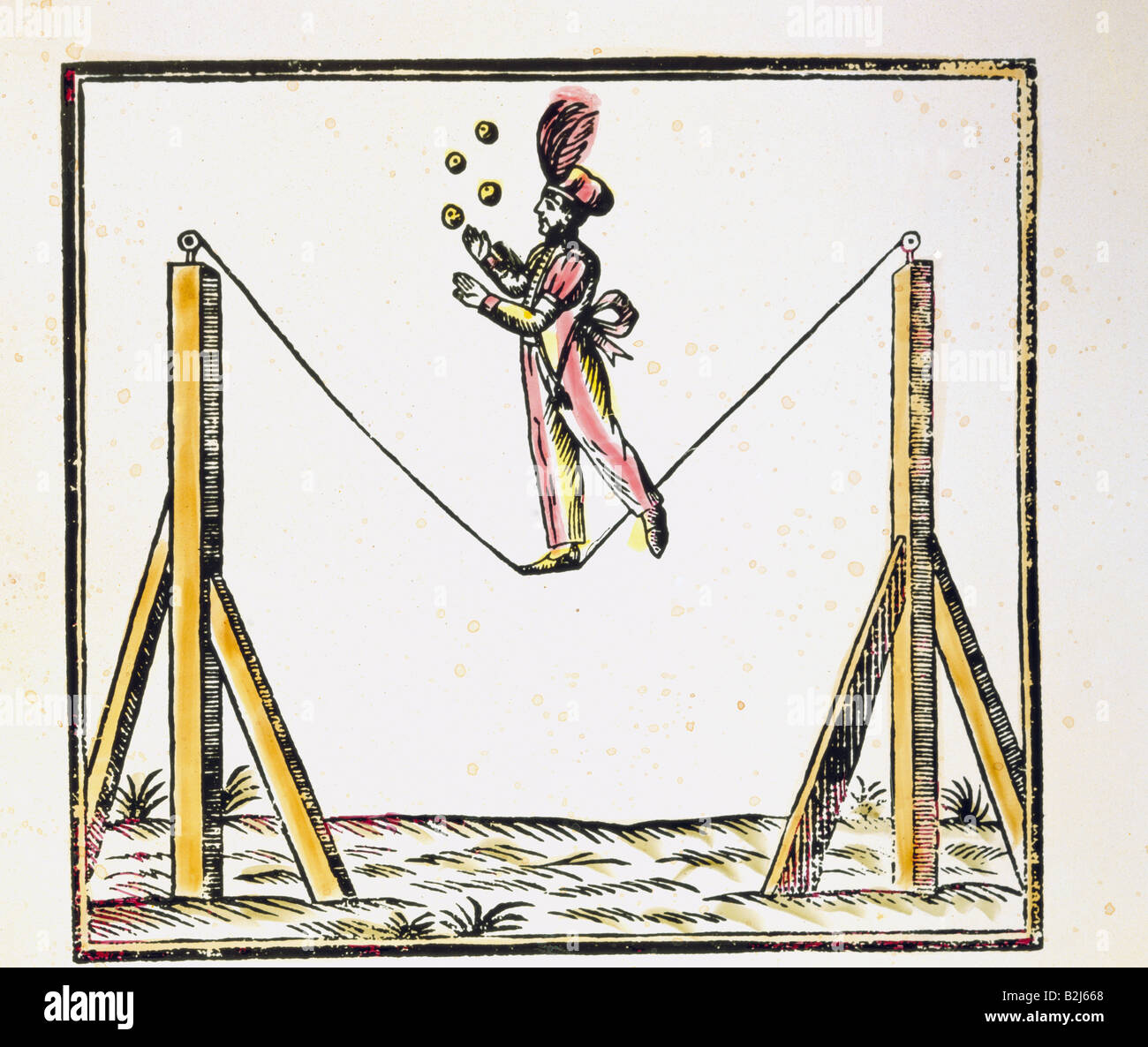 circus, acrobatics, tightrope walking, juggler on the rope, woodcut