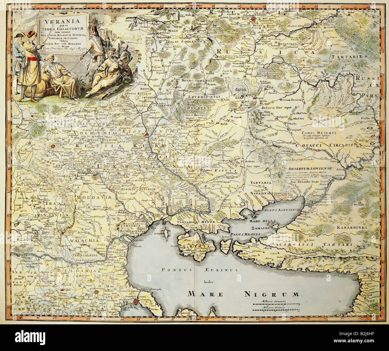 cartography, maps, Ukraine, coloured copper engraving by Johann Baptist Homann, Nuremberg, 1st half 18th century, geography, private collection, map, Europe, Moldavia, Wallachia, Crimea, Russia, Romania, Danube, Volga, Dnieper, historic, historical, Artist's Copyright has not to be cleared Stock Photo