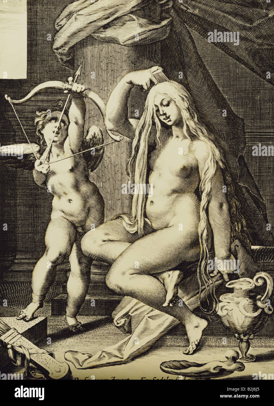 Venus, Roman goddess of love and beauty, 'The Toilet of Venus', copper engraving by Egidius Sadeler (1570 - 1629) after painting by Bartholomaeus Sprenger (1546 - 1611), private collection, , Artist's Copyright has not to be cleared Stock Photo