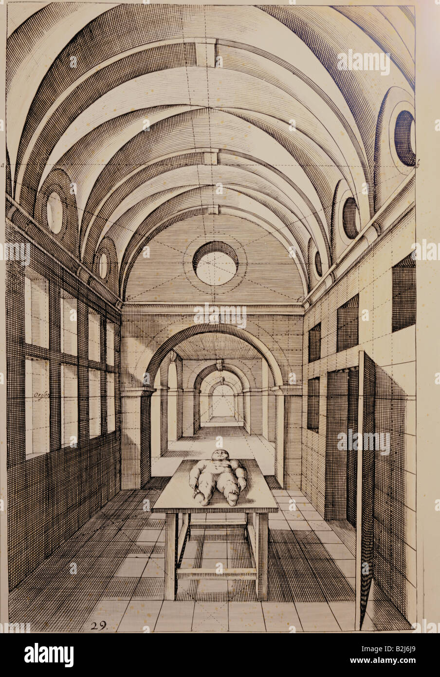 architecture, details, hallway, colourted copper engraving, 'Perspectiva' by Hans Vredeman de Vries, printed by Hendrik Hondius, Leiden, 1604, private collection, Artist's Copyright has not to be cleared Stock Photo