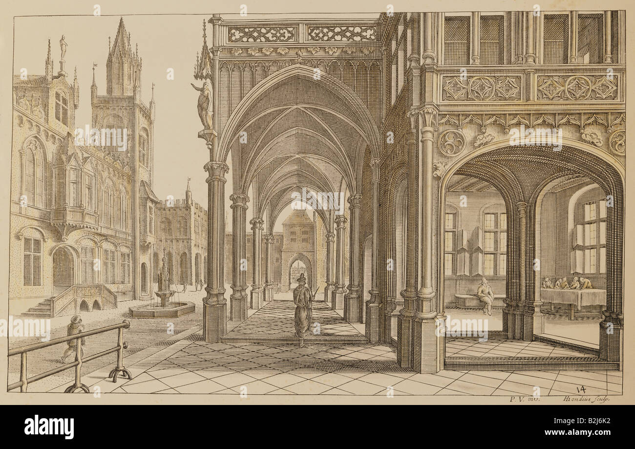 architecture, details, view of a gothic town square, colourted copper engraving, 'Perspectiva' by Hans Vredeman de Vries, printed by Hendrik Hondius, Leiden, 1604, private collection, Artist's Copyright has not to be cleared Stock Photo