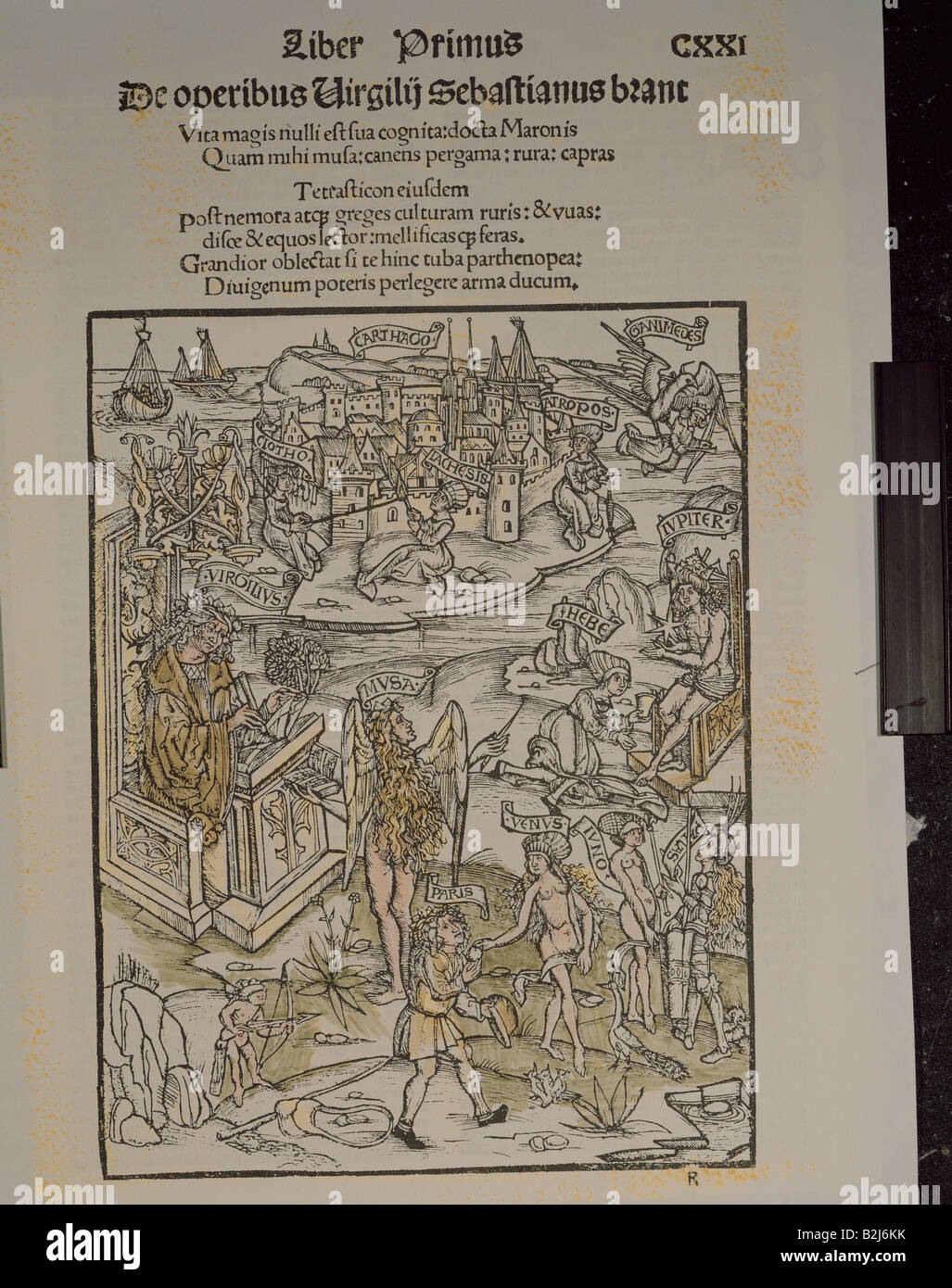 literature, Vergil, 'Aeneid', illustrations, coloured woodcut for the first volume, edition of 1502, Strasbourg, Germany, edited by Sebastian Brant (1457-1521), printed by Johannes Grueninger, private collection, Stock Photo