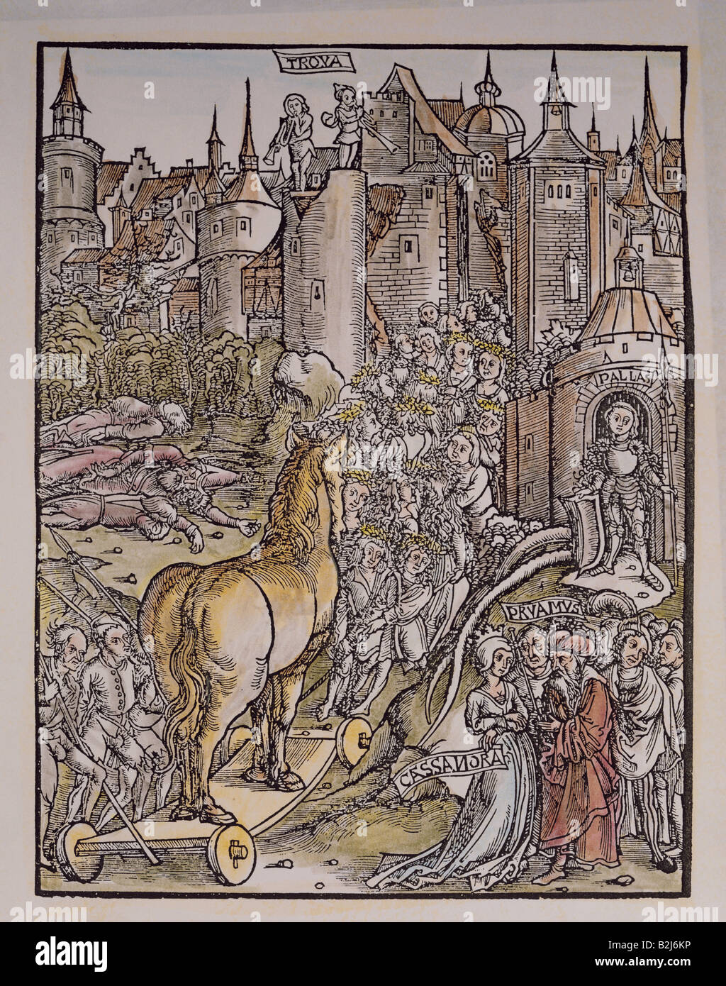 literature, Vergil, 'Aeneid', illustrations, coloured woodcut for the second volume, edition of 1502, Strasbourg, Germany, edited by Sebastian Brant (1457-1521), printed by Johannes Grueninger, private collection, Stock Photo