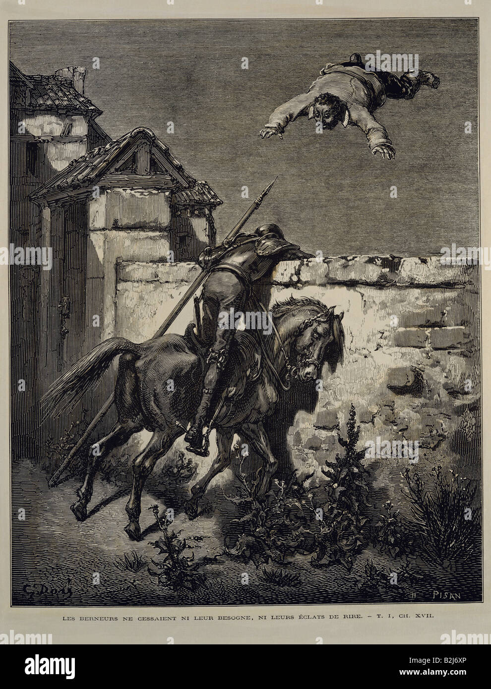 Cervantes y Saavedra, Miguel de, 1547 - 23.4.1616, Spanish author / writer, works, 'Don Quixote', 1605 - 1615, illustration, 'Don Quixote riding against a wall', wood engraving, by Gustave Dore, Paris, France, 1863, Artist's Copyright has not to be cleared Stock Photo