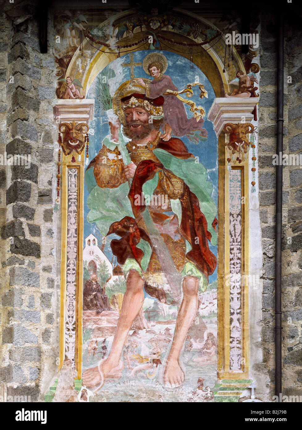 Saint Christopher, martyr, "St. Christopher carrying the Christ Child", full length, mural painting, height circa 800 cm, St. Sigmund, local church, South Tyrol, 1519, Stock Photo
