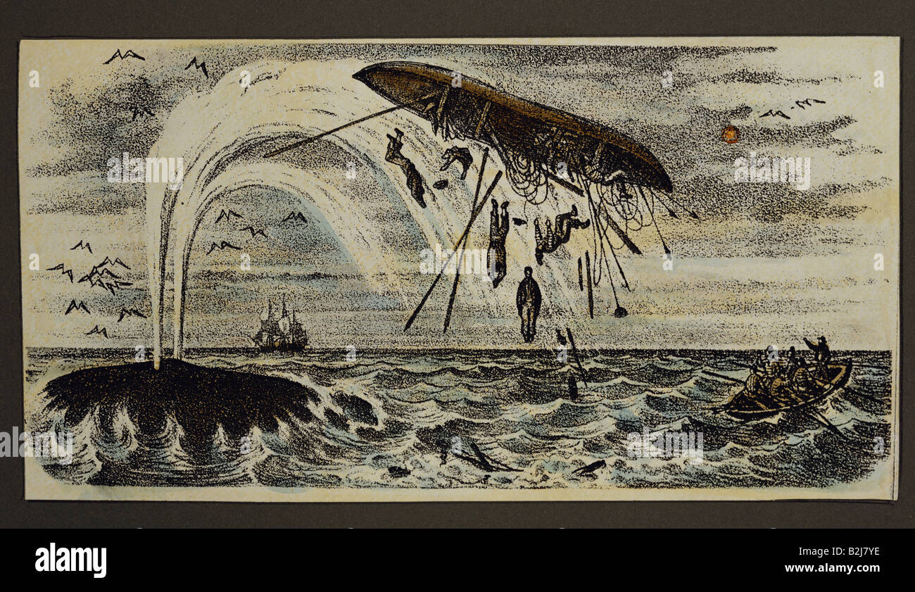 fishing, whaling, whale tossing a boat, colour lithograph by Saint Aulaire, 'Criuse of a Whaler aroung the World' ('Campagne d` baleinier autour du monde'), Paris, 1840, private collection, Stock Photo