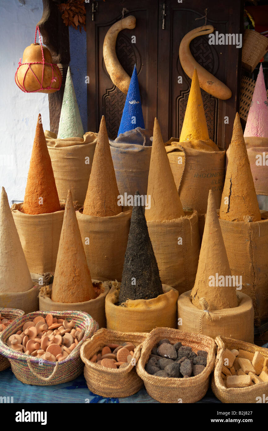 a display of spice outside a shop, Chefchaouen, Morocco Stock Photo