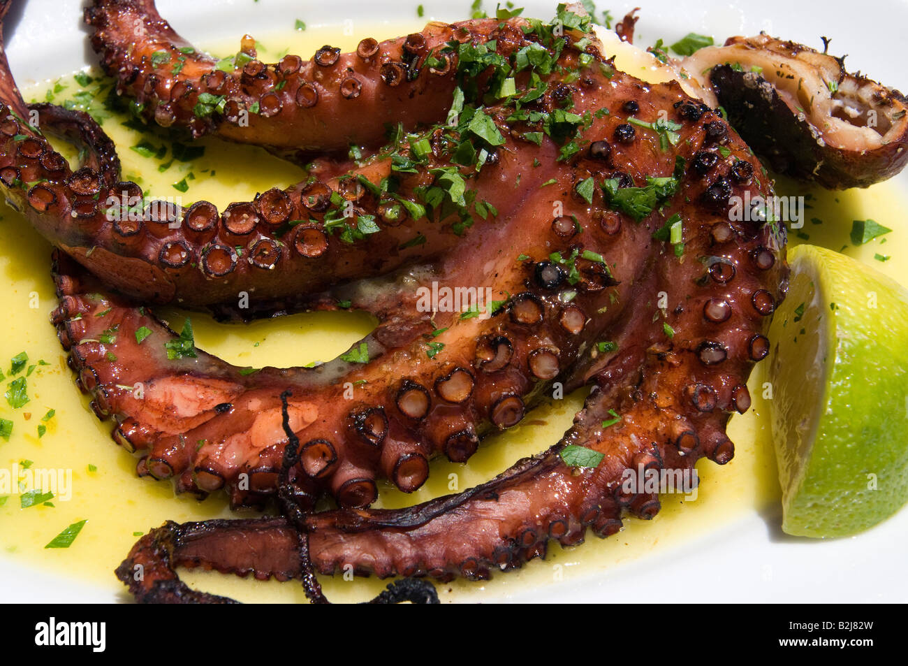 Barbequed or grilled octopus,Crete.Greece Stock Photo