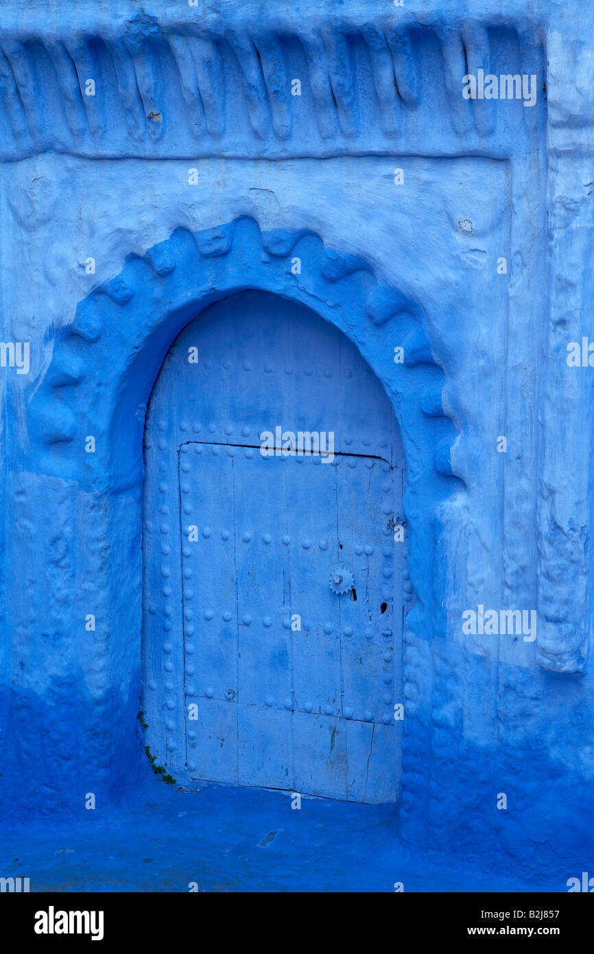 a door in the blue walled town of Chefchaouen, Morocco Stock Photo