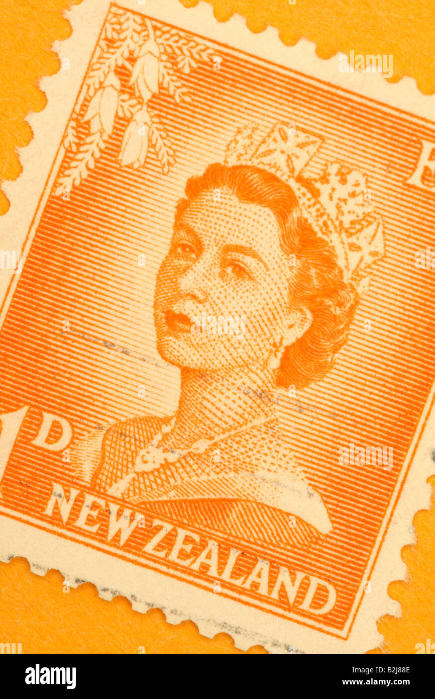 New Zealand Queen Elizabeth II Second featured on a New Zealand 1 penny postage stamp from the 1960s Stock Photo