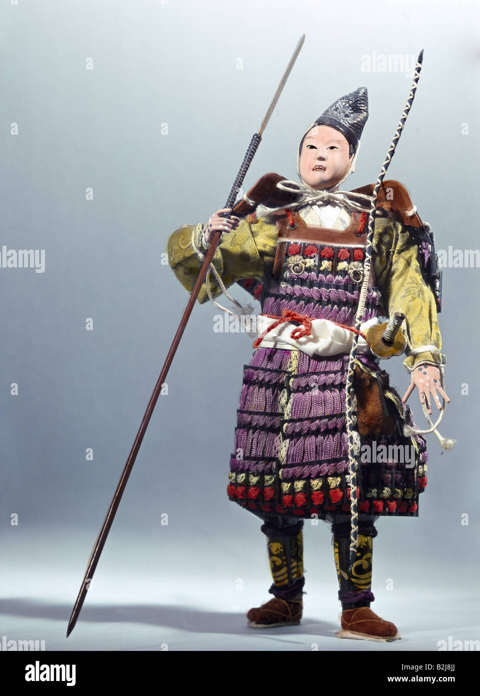 toys, dolls, soldier with lance and bow, painted wood with silk and brocade, doll for the Tango no sekku festivity, Japan, 1932, Stock Photo