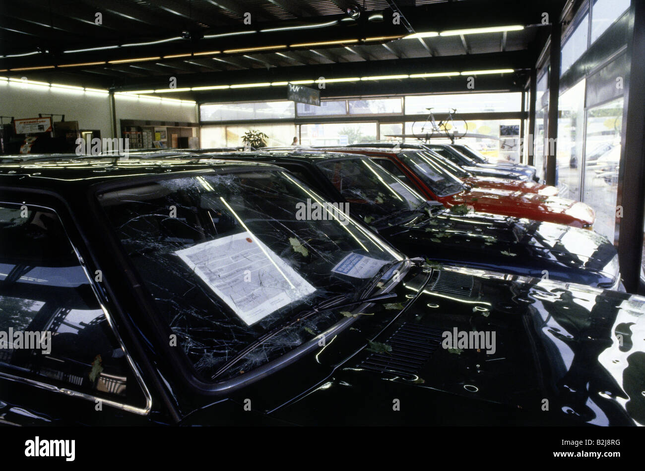 natural disaster/catastrophe, cars, damaged by hail, after hail, Munich, 12.7.1984, 1980s, 80s, , Additional-Rights-Clearance-Info-Not-Available Stock Photo
