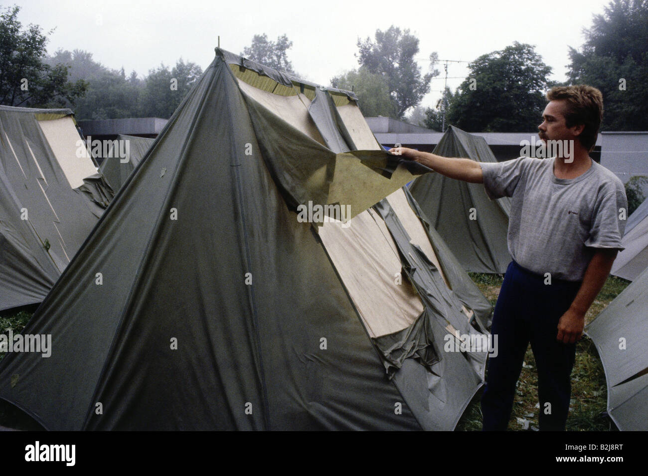 natural disaster/catastrophe, tents, damaged by hail, after hail, Munich, 12.7.1984, 1980s, 80s, , Additional-Rights-Clearance-Info-Not-Available Stock Photo