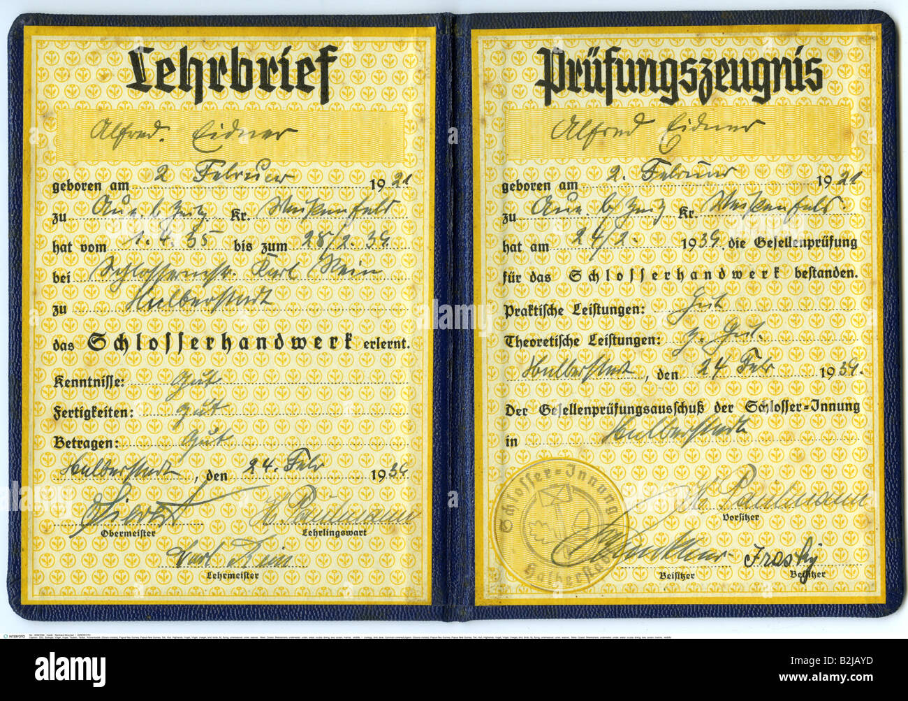 craft/handcraft, documents, certificate of apprenticeship and evidence of formal qualifications for of the Alfred Eidner, Halberstadt, 24.2.1939, Stock Photo