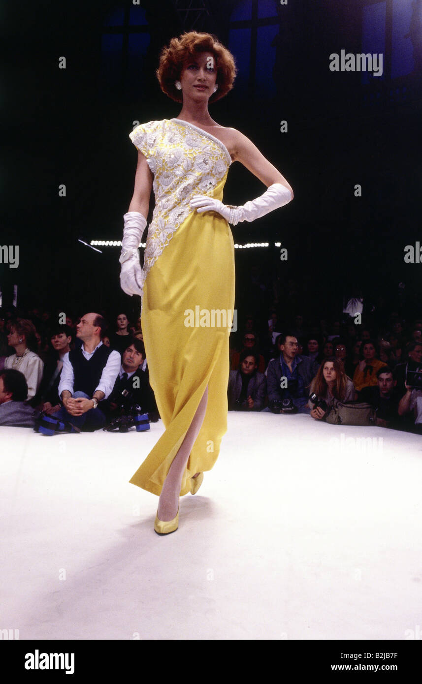 fashion, 1980s, mannequin, wearing dress, full length, on catwalk, spring summer, by Christian Dior, 80s, historic, historical, clothing, model, asymmetric, evening dress, 20th century, people, Stock Photo