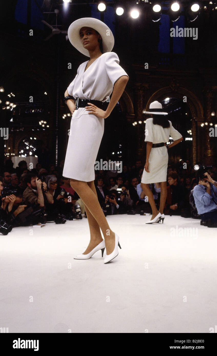 fashion, 1980s, mannequin, wearing dress, full length, on catwalk ...