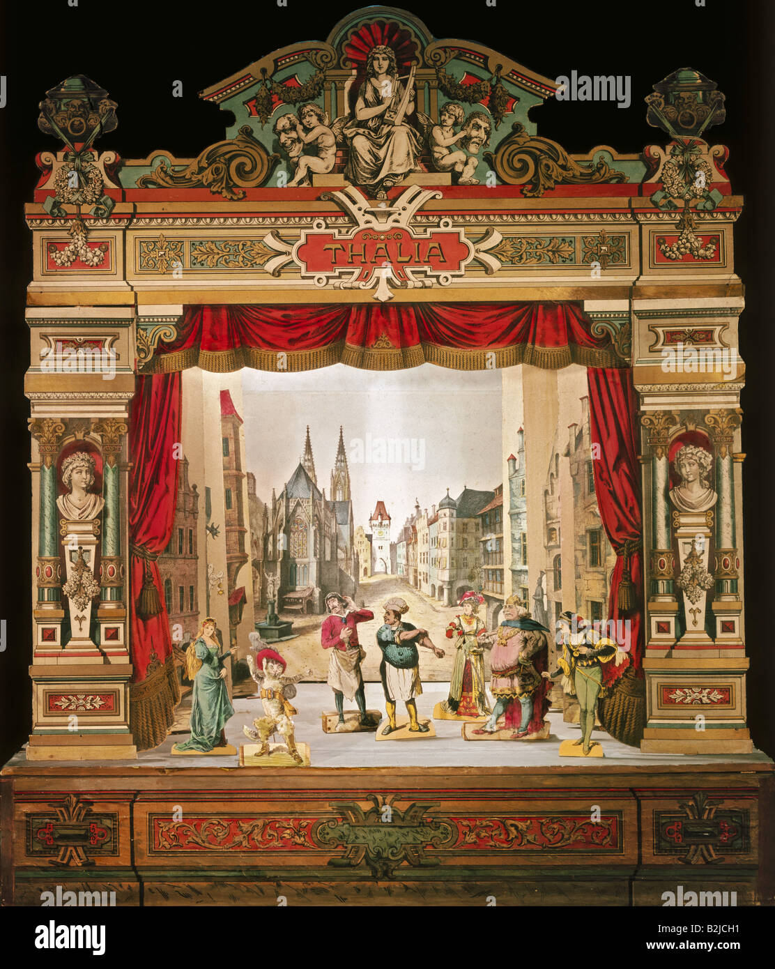 toys, toy theatre, 'Puss in Boots', stage and fugures by Schreiber, Esslingen, circa 1870, Munich Stadtmuseum, , Stock Photo