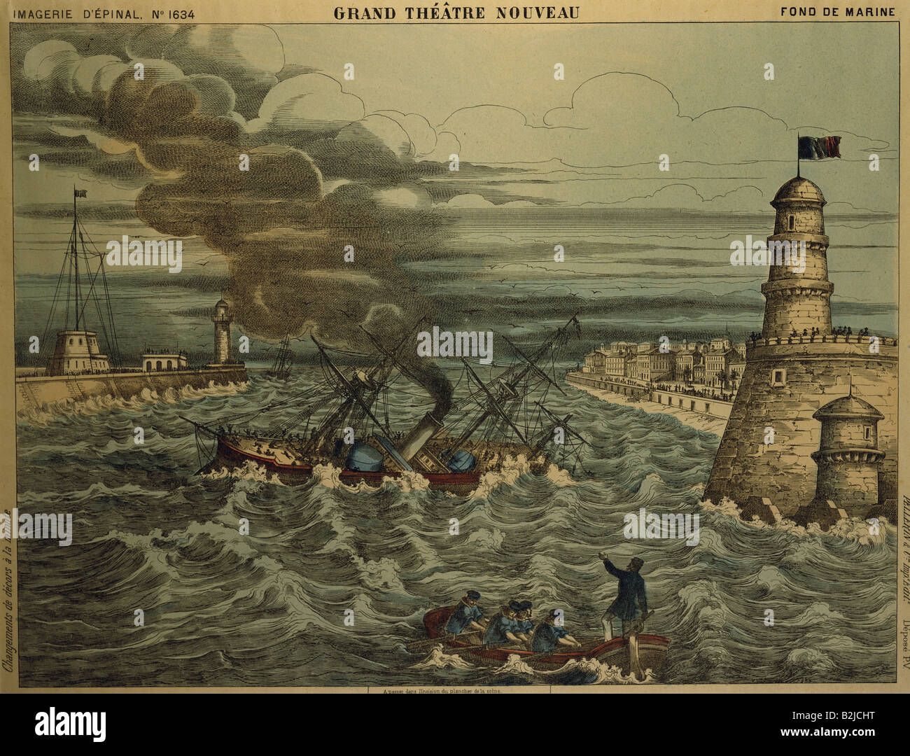 toys, toy theatre, scenery, sinking ship, colour lithograph, Pellerin, Epinal, circa 1880/1890, Stock Photo