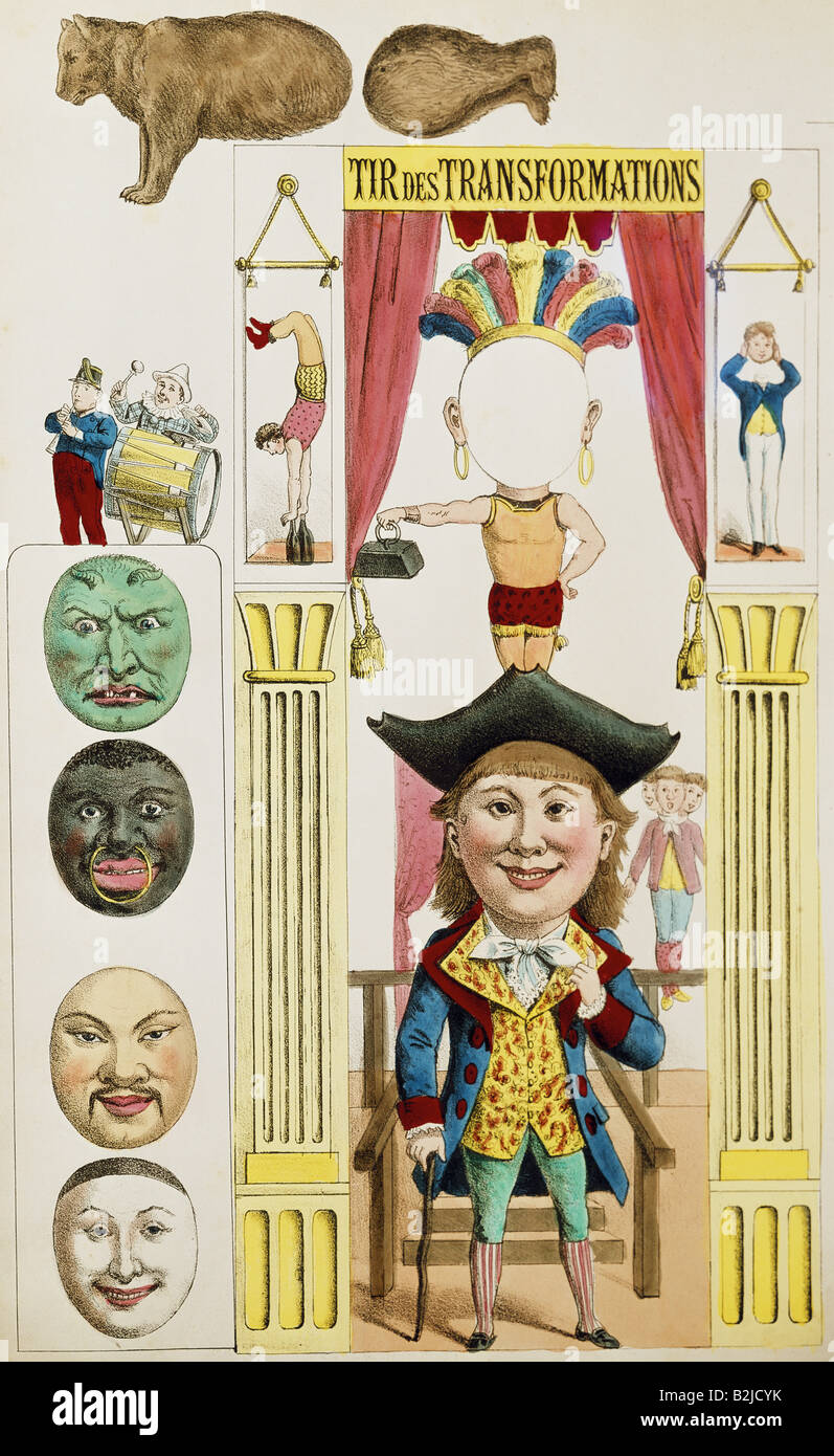 toys, cut-out sheet, 'Tir des Transformations', colour lithograph, Francem circa 1850/1860, private collection,  , Stock Photo