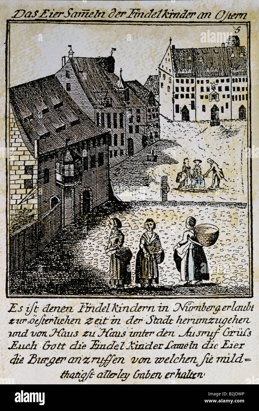 festivity, Easter, orphans collecting eggs in Nuremberg, copper engraving, mid 18th century, private collection, Germany, Bavaria, Franconia, children, custom, people, historic, historical, Stock Photo