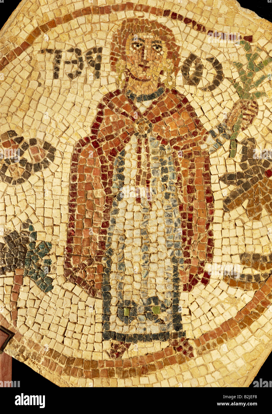 fine arts, Middle Ages, Jordan, mosaic, the abbess "Soreg", image of the benefactor, 70 cm x 70 cm, Jerash, Church of Elias, Mary and Soreg, first half of the 7th century, Archaeological Museum Gerasa, Artist's Copyright has not to be cleared Stock Photo