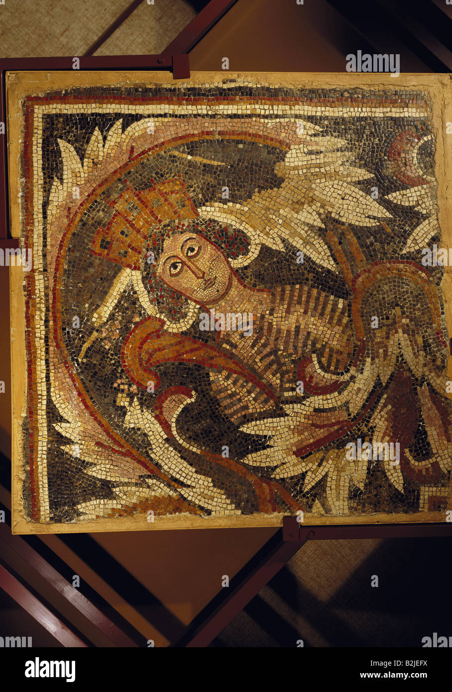 fine arts, Middle Ages, Jordan, mosaic, 'The Spring', after a late ancient antetype (Tyche with mural crown), 110 cm x 110 cm, Madaba, Hippolytus Hall, mid 6th century, Artist's Copyright has not to be cleared Stock Photo