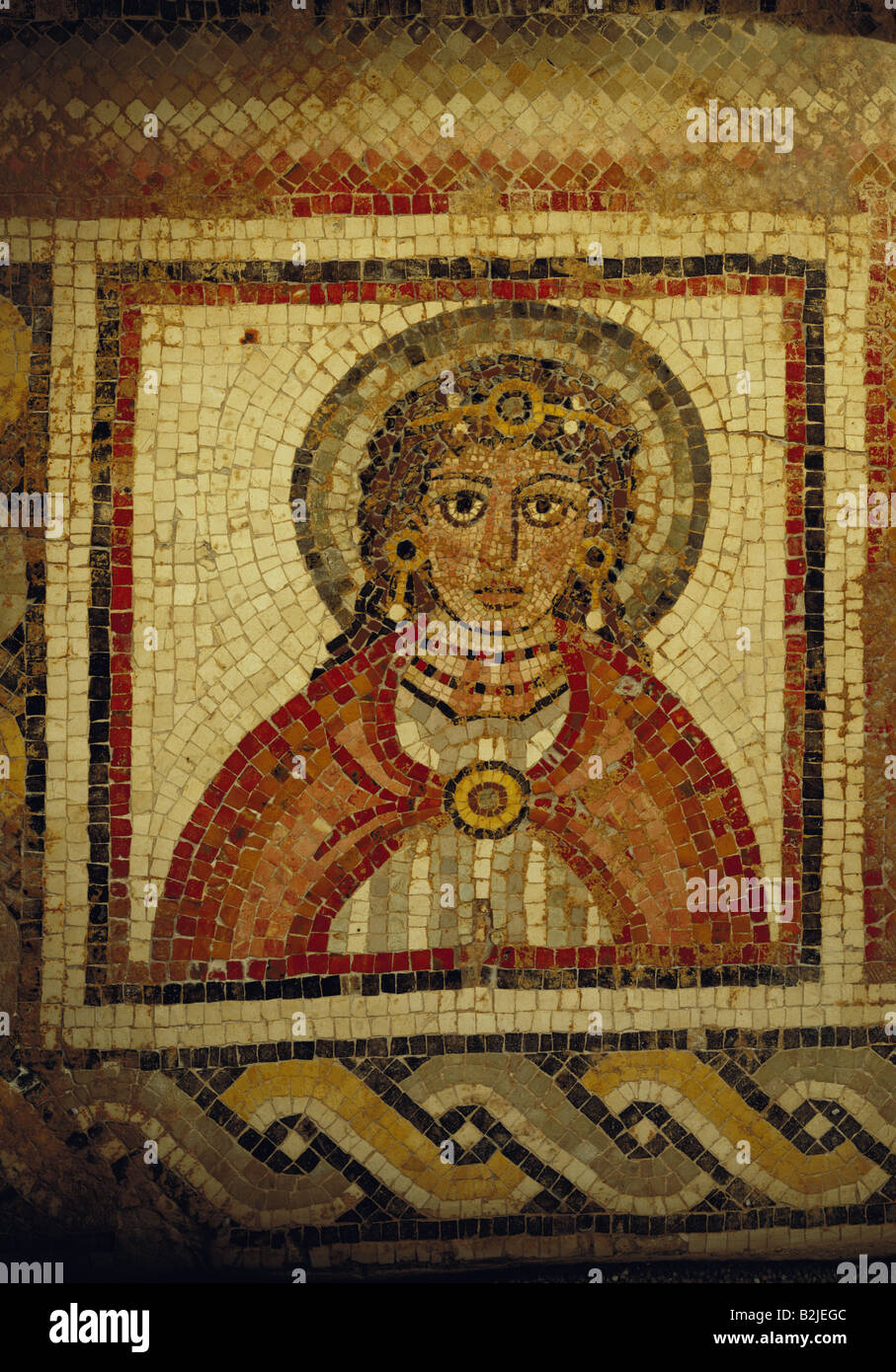 fine arts, Middle Ages, Jordan, mosaic, portrait of a woman with diadem, Chapel of the Priest John, Khirbet Al-Mukhayyat, 562, Mount Nebo-Kh Al-Mukhayyat Museum, Artist's Copyright has not to be cleared Stock Photo