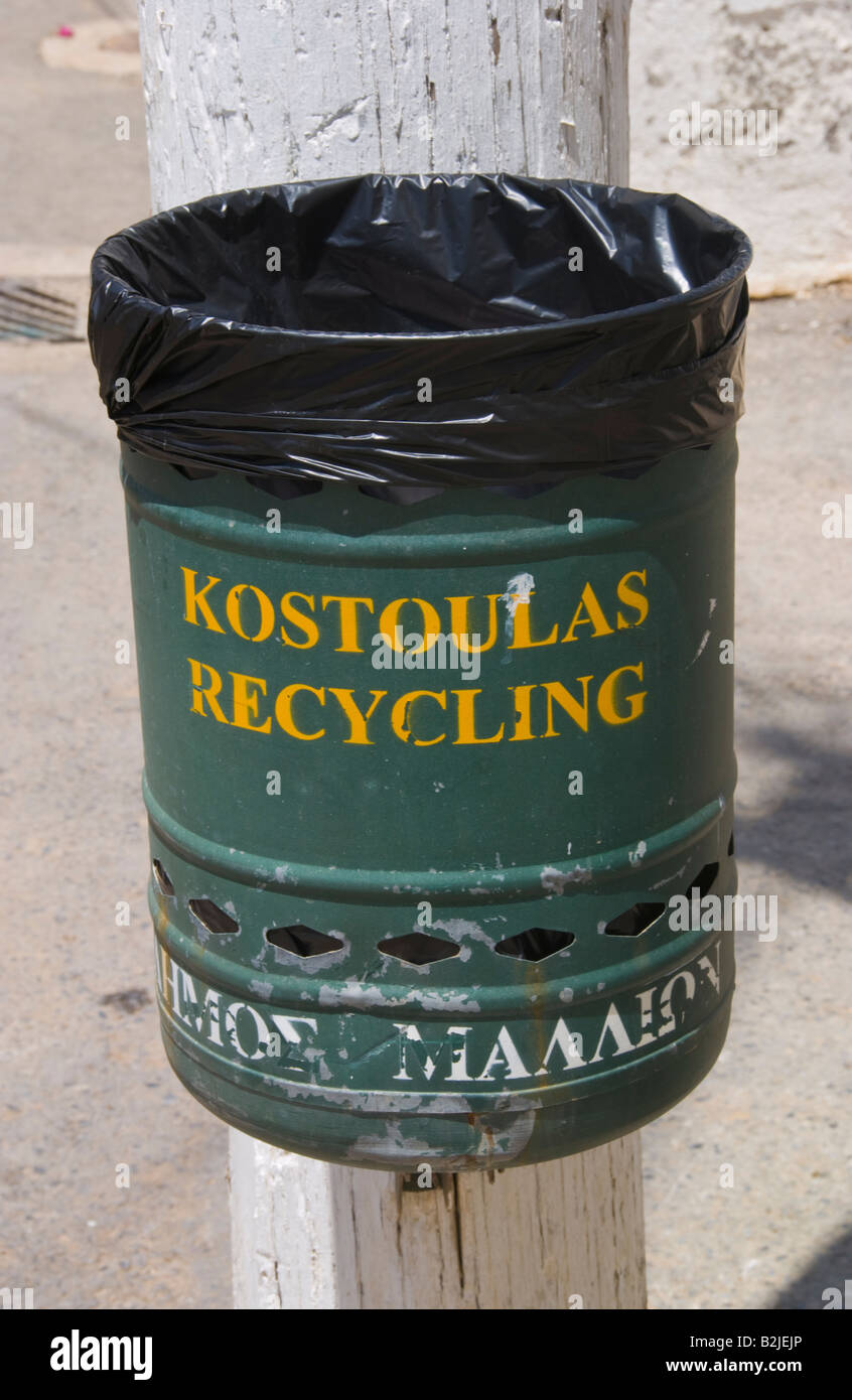 Litter bin in Malia Old Town on the Greek Mediterranean island of Crete GR EU Stock Photo