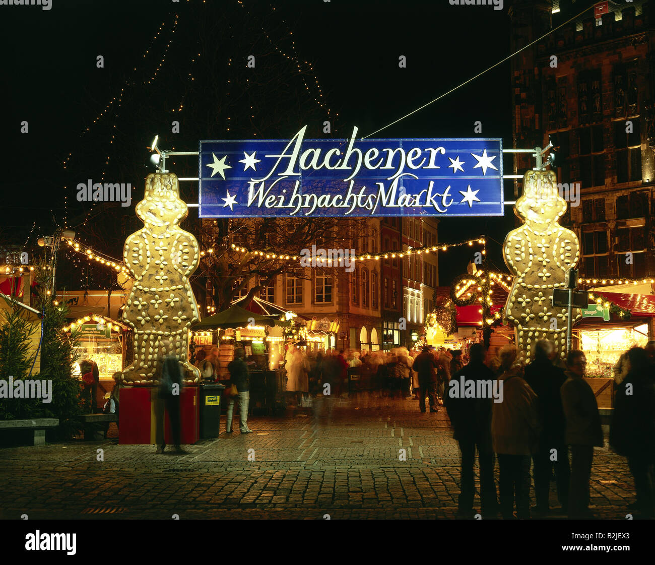 christmas, christmas markets, christmas market, Aachen, North Rhine-Westphalia, Germany, entrance gate, night view, Additional-Rights-Clearance-Info-Not-Available Stock Photo