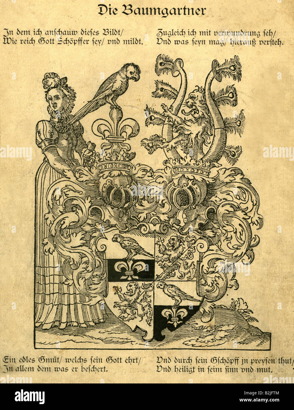 heraldry, coat of arms, Germany, Baumgartner family, copper engraving, 16th century, crest, supporters, helmet, lion, parrot, lily, historic, historical, people, Stock Photo