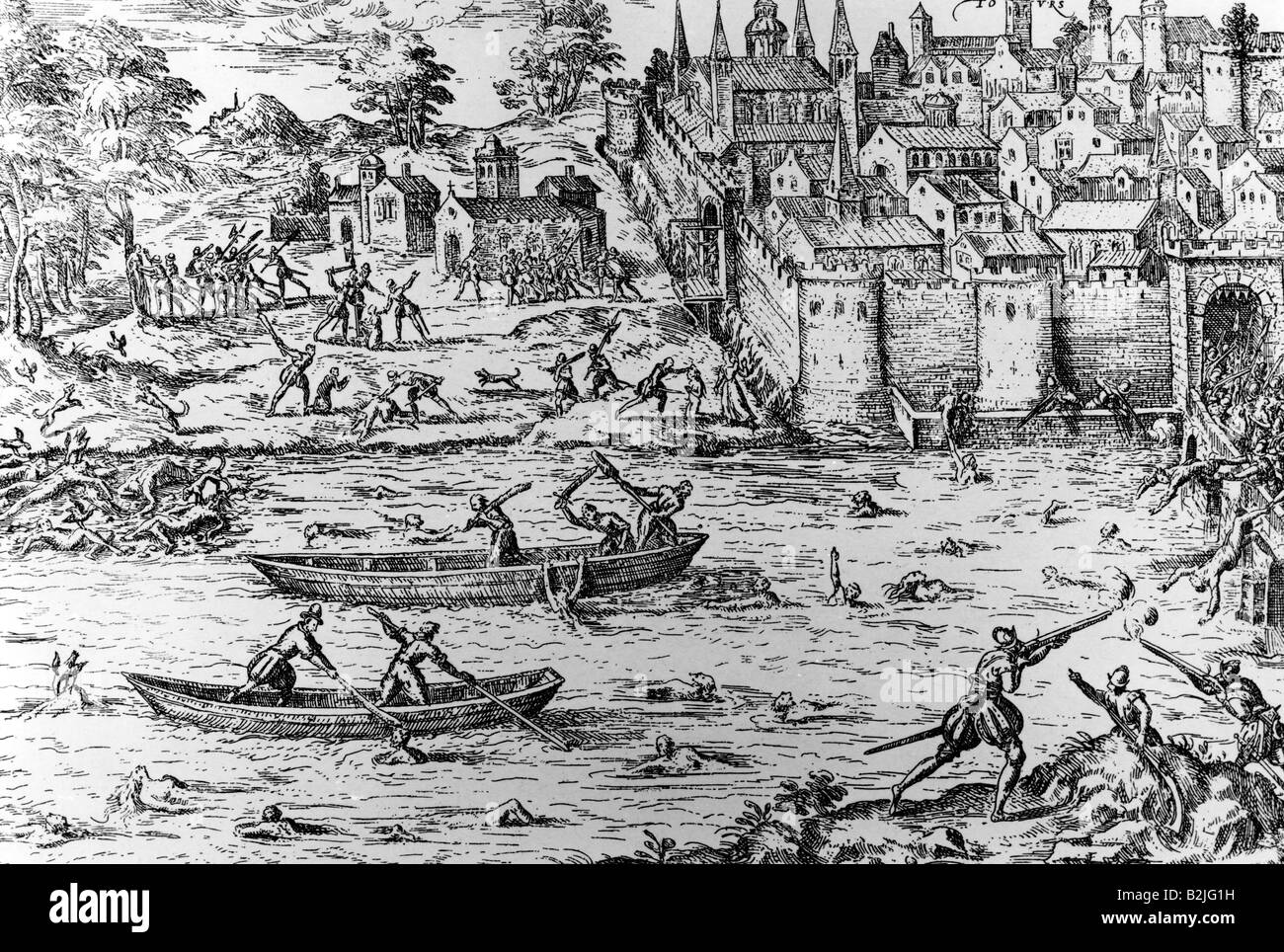 events, French Wars of Religion 1562 - 1598, first war 1562 - 1563, massacre of Tours, July 1562, copper engraving by Frans Hogenberg, 16th century, France, hugenotts, catholics, murder, Loire river, religion, christianity, religious wars, civil war, persecution, murder, bloodbath, historic, historical, people, Stock Photo
