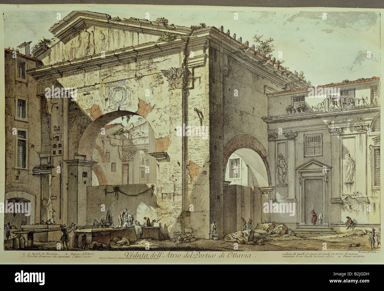 geography / travel, Italy, Rome, buildings, 'View of Porticus Octavia', copper engraving, coloured, by Giovanni Battista  Piranesi (1720 - 1778), from the series 'Vedute di Roma', Italy, 1773, private collection, Artist's Copyright has not to be cleared Stock Photo