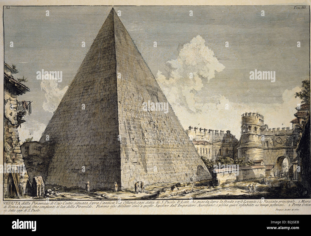 geography / travel, Italy, Rome, monuments, Pyramid of Cestius, copper engraving, coloured, by Giovanni Battista Piranesi (1720 - 1778), from the series 'Vedute di Roma', Italy, 1773, private collection, Artist's Copyright has not to be cleared Stock Photo