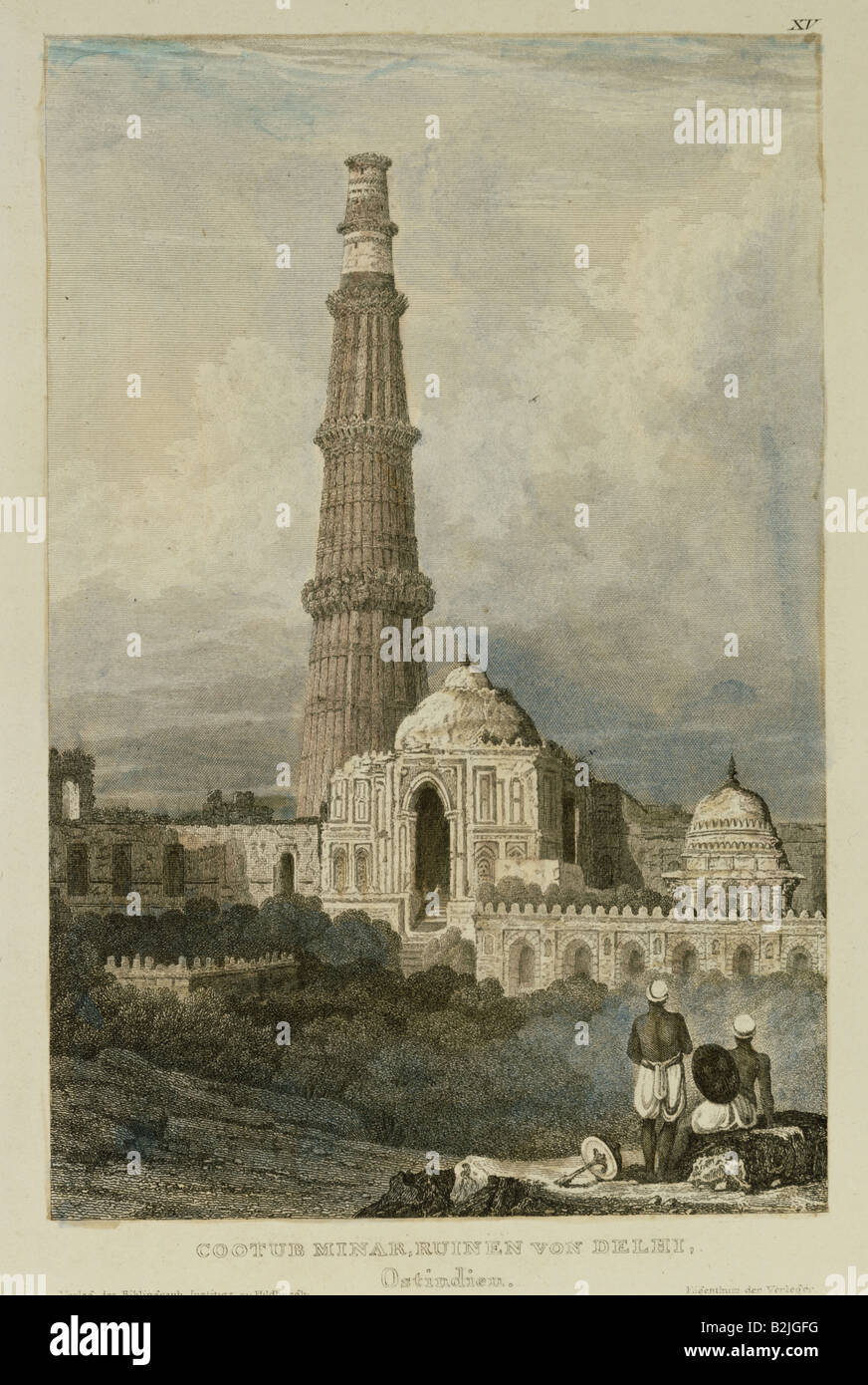 geography / travel, India, Delhi, buildings, minaret Qutub Minar, steel engraving, coloured, Germany, 1840, Stock Photo