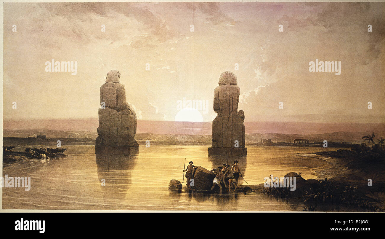 geography / travel, Egypt, landscapes / landscape, 'The Annual Inundation of the Nile Colossi Memnon', lithograph, coloured, by David Roberts, Royal Academy, London, England, 1838, private collection, flood, floodwater, fine arts, river, colossus, Nile, river, Africa, archaeology, Thebes, people, , Stock Photo