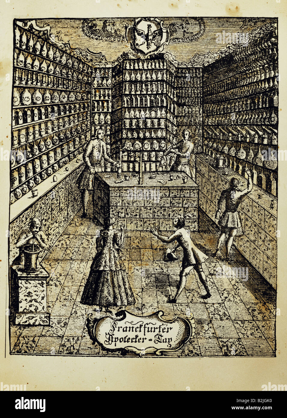 medicine, pharmacy, 'Frankfurter Apotheken-Tag' (Frankfurt pharmacy day), copper engraving, from 'Reformation oder erneuerte Ordnung der heiligen Reichsstadt Frankfurt am Main' (Reformation or renewed order of the holy imperial town Frankfurt on the Main), Frankfurt, 1668, private collection, Artist's Copyright has not to be cleared Stock Photo