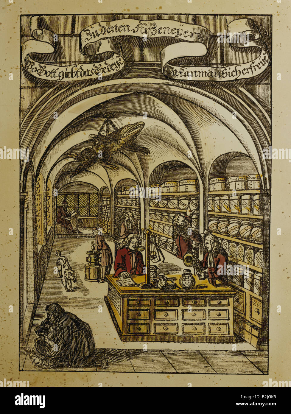 medicine, pharmacy, copper engraving, coloured, Germany, circa 1600, Artist's Copyright has not to be cleared Stock Photo