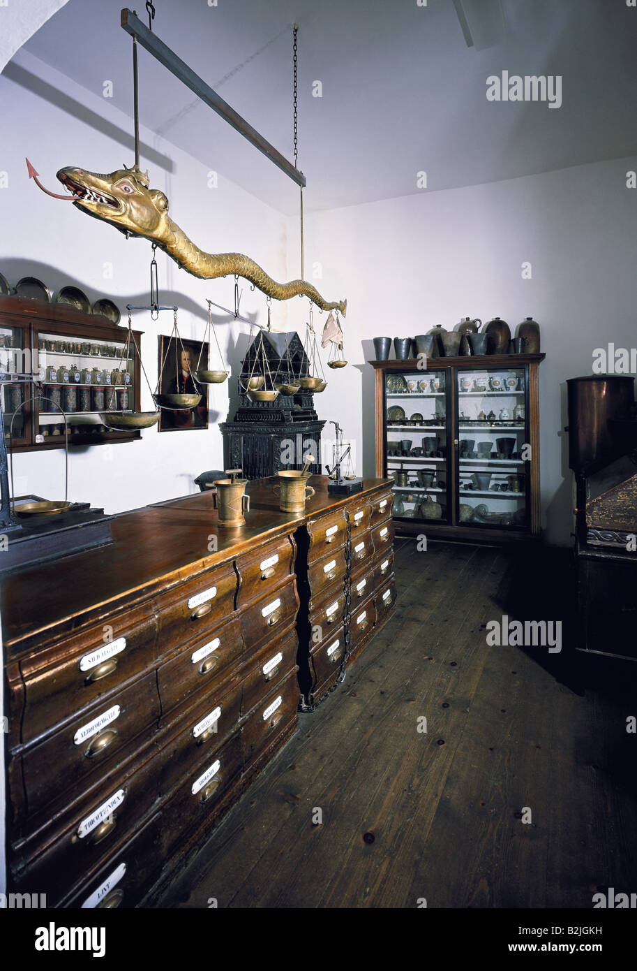 medicine, pharmacy, former 'Loewenapotheke', Straubing, Bavaria, Germany, interior, Gaeubodenmuseum Straubing, Stock Photo