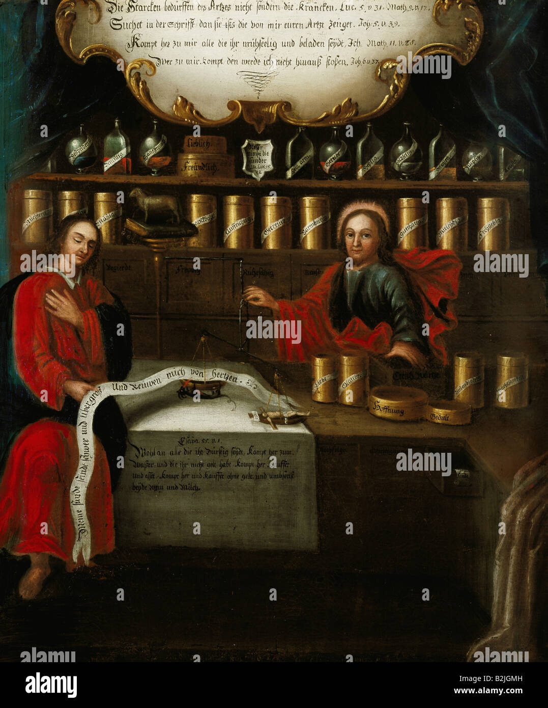 religion, Christianity, prayer, Christ as pharmacist, painting, oil on wood, 67 cm x 56 cm, Southern Germany, 18th century, Bavarian National Museum, Munich, edification, medicine, fine arts, salvation, pharmacy, vessels, bottles, Jesus, holding scales, scale, historic, historical, Christendom, people, Stock Photo