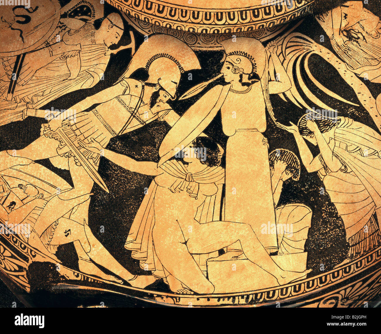 fine arts, ancient world, Greece, vase painting, hydria, downfall of Troy, Ajax and Cassandra in the temple of Athena, by the 'Kleophrades Painter', circa 500 B.C., Museo Nazionale, Naples, , Artist's Copyright has not to be cleared Stock Photo