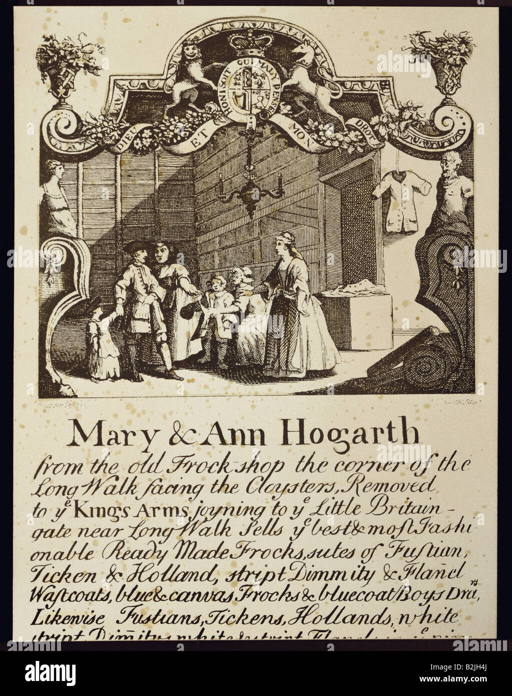 advertising, fashion, fashion store, business card of Mary and Ann Hogarth for their fabric and haberdashery shop, copper engraving, 17.1 cm x 12.1 cm, design by William Hogarth (1697 - 1764), engraved by T. Cook, London, circa 1730 / 1740, Stock Photo