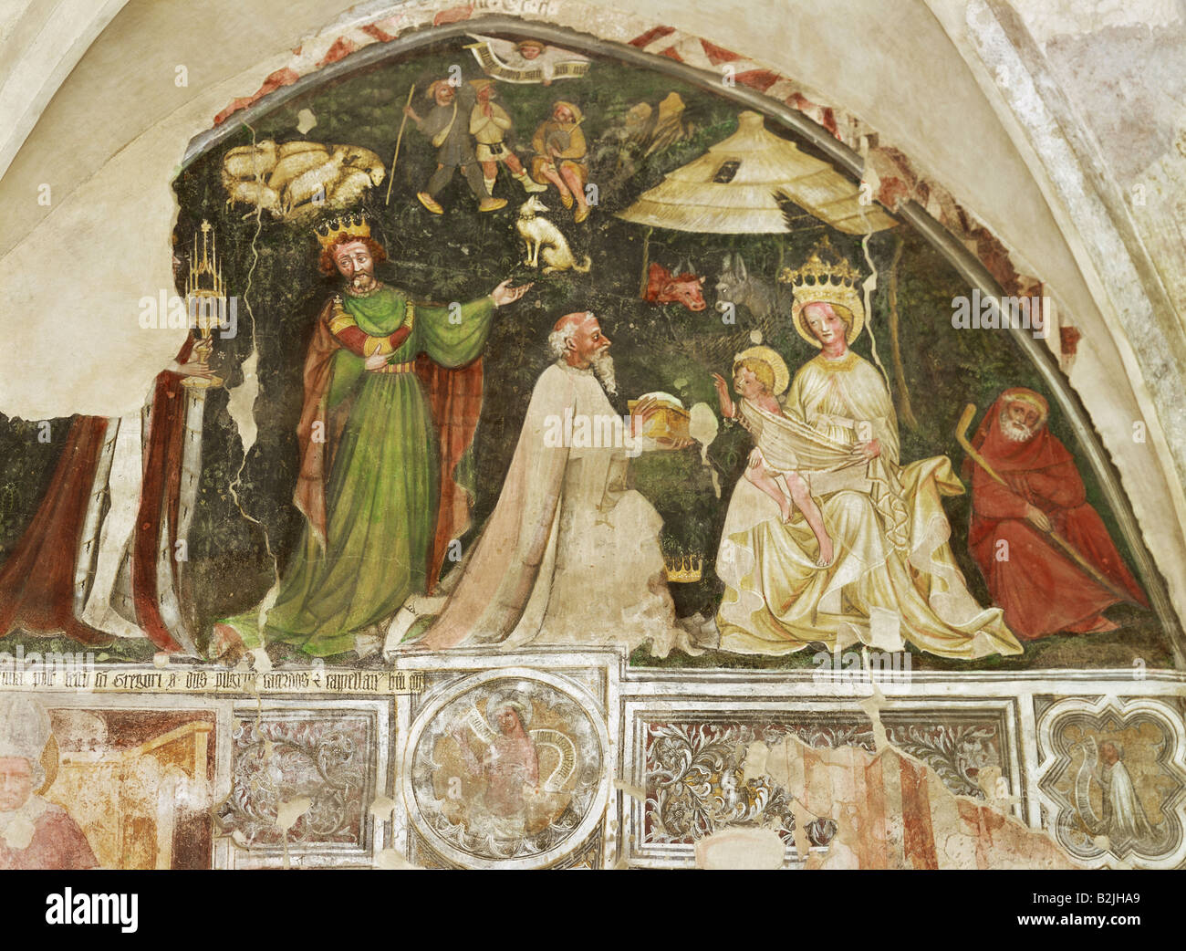 fine arts, Middle Ages, mural painting, The Adoration of the Magi, fresco, Brixen, cathedral, cross-coat, circa 1480, second half of the 15th century, Artist's Copyright has not to be cleared Stock Photo