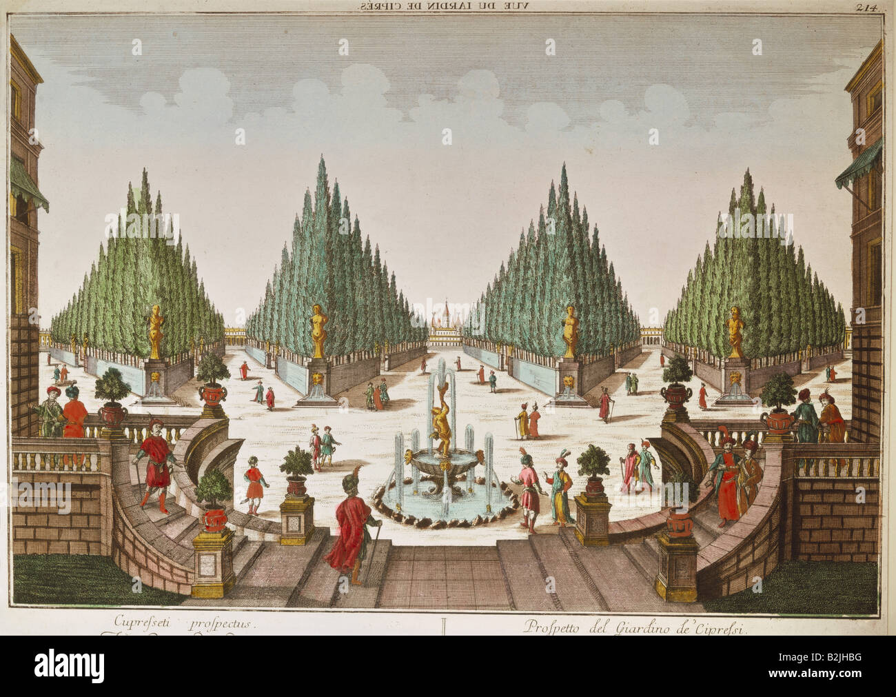 architecture, gardens and parks, cypress garden, raree show picture, copper engraving, coloured, Augsburg, Germany, mid 18th century, Munich puppet theatre collection, garden, park, cypresses, fine arts, graphic, graphics, print, prints, fountain, fountains, promenader, promenaders, people, historic, historical, pictures, prospect, Artist's Copyright has not to be cleared Stock Photo