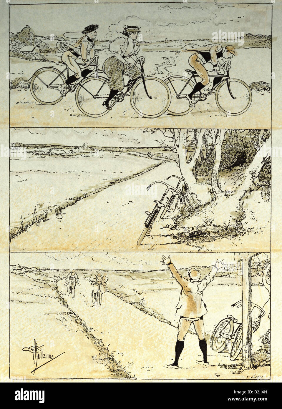 sport, cycling, 'The Race, or the Looser wins', caricatures, lithograph, by Albert Guillaume, from 'Journal pour tous', 1910, private collection, Stock Photo