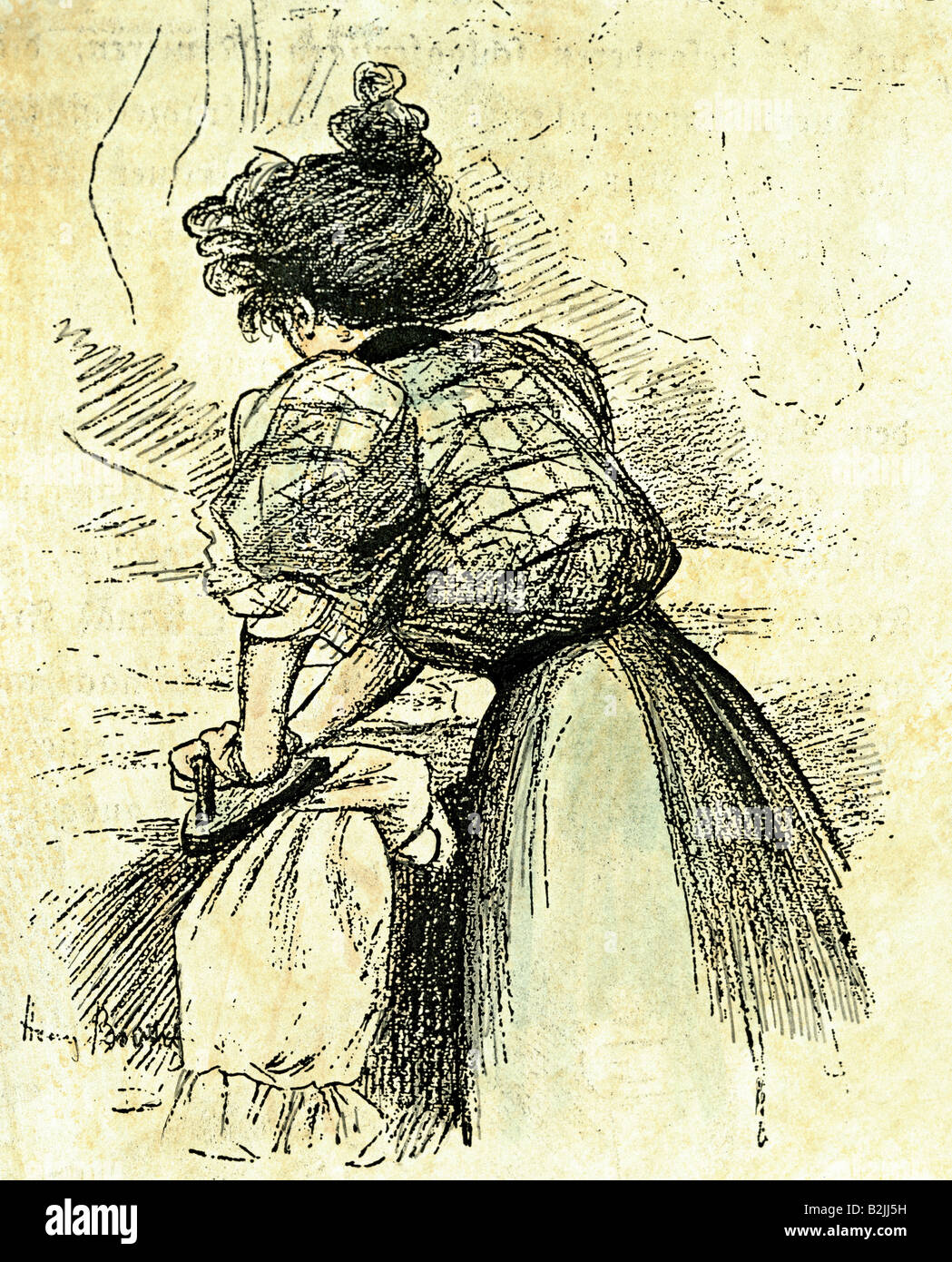household, ironing, ironing woman, chalk lithograph, coloured, by Henry