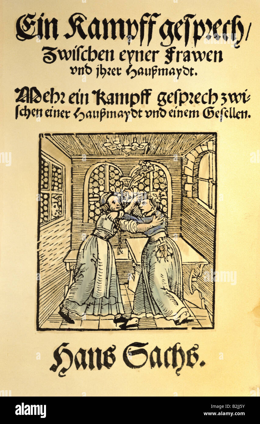 people, women, 16th - 18th century, 'A disputation between a woman and her housemaid', woodcut, coloured, by Hans Sachs, Germany, circa 1550, private collection, Stock Photo