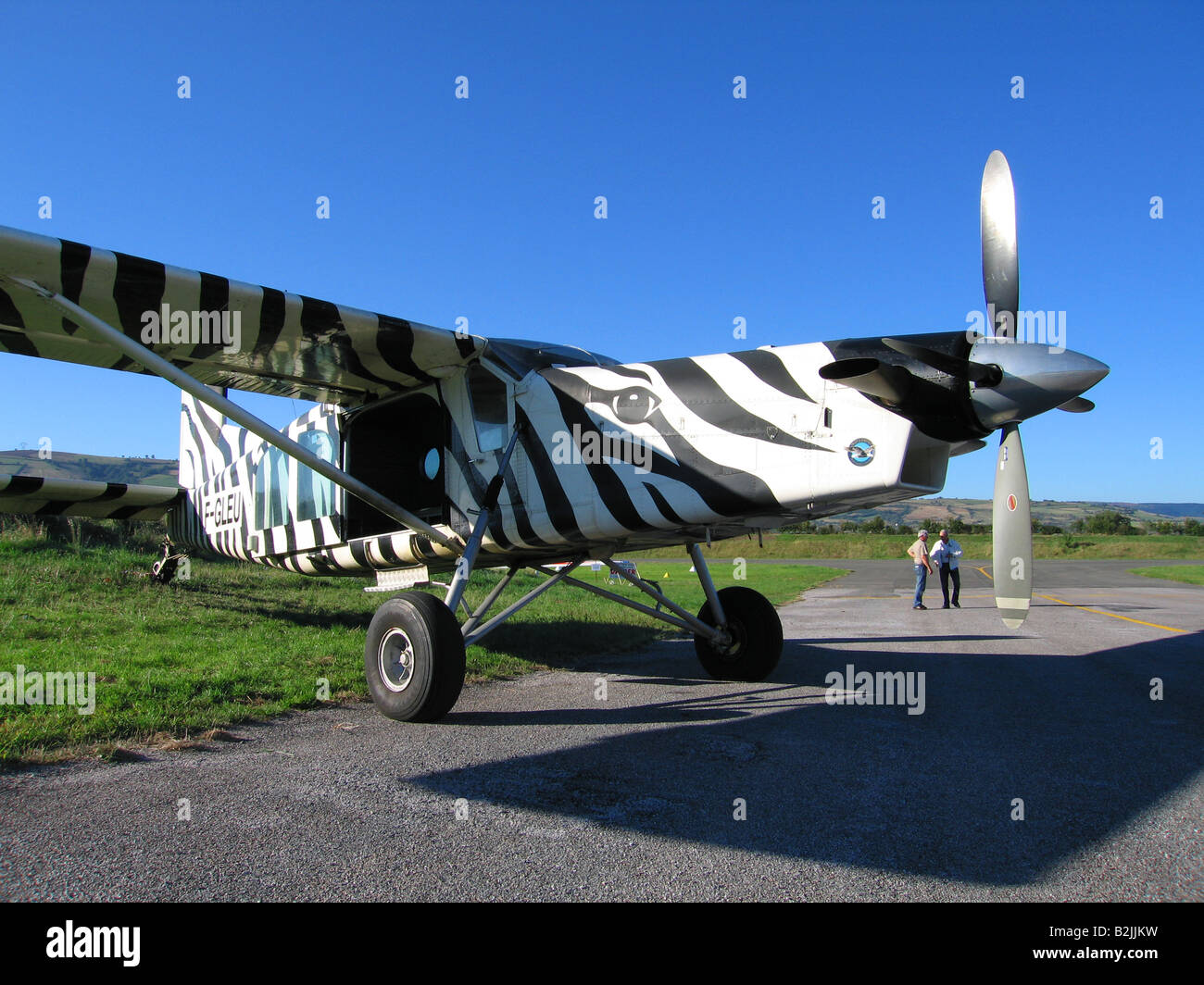 A swiss airplace Pilatus PC-6 with a zebra paints stripes Stock Photo