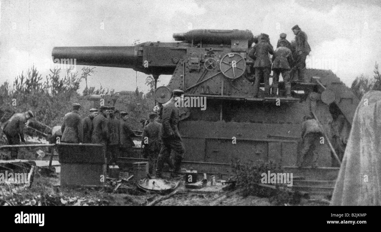 events, First World War / WWI, Western Front, Belgium, German 42 cm gun 'Big Bertha', Liege, 7.8.1914, Stock Photo